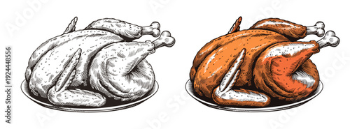 Displaying two roasted turkeys on a platter, one black‑white sketch and one colored, captured from a frontal viewpoint in a clean studio illustration