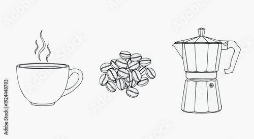 Linear drawing of a coffee cup, beans, and coffee maker