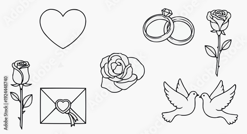 Romantic love symbols illustration with hearts, roses, rings, and doves