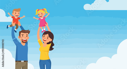 Happy cartoon family playing together in the sky.