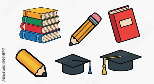 Vector illustration of books, pencils, and graduation caps