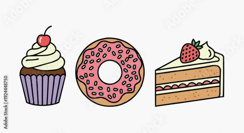 Sweet dessert set illustration showing cupcake, donut, and layered cake slice