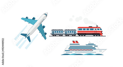 Three different modes of transport are depicted on a white background, featuring an airplane, a train, and a cruise ship.