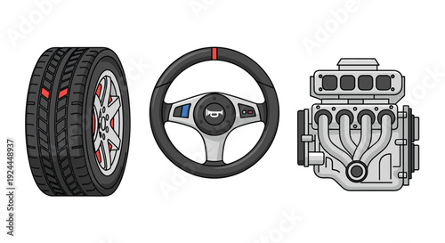 Automotive parts are displayed, featuring a car tire with a rim, a modern steering wheel, and a detailed engine block.