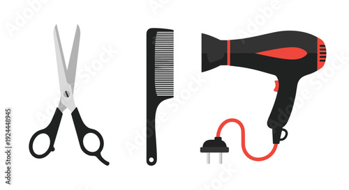 Essential hair care equipment is presented with black handled scissors, a fine-toothed comb, and a powerful hairdryer with a plug.