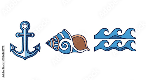 Nautical themed elements include a blue anchor, a spiral seashell, and two decorative blue wave patterns.