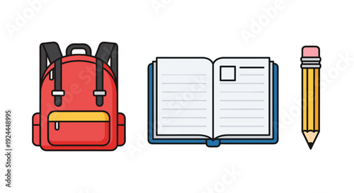Red backpack with yellow pocket, an open blue notebook showing blank pages, and a yellow wooden pencil with a pink eraser are displayed.
