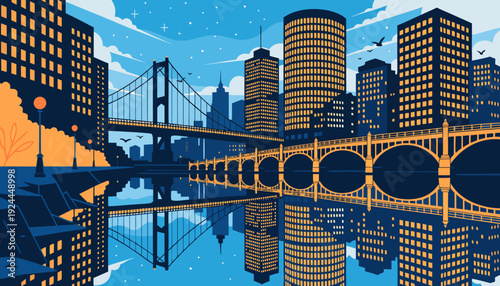 Modern Cityscape at Dusk with Illuminated High Rise Buildings Reflected in Calm River Water pittsburgh skyline vector