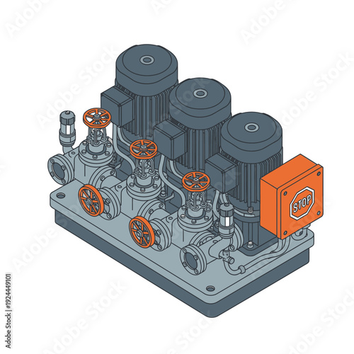 Isometric illustration of industrial pumping system with valves and control box