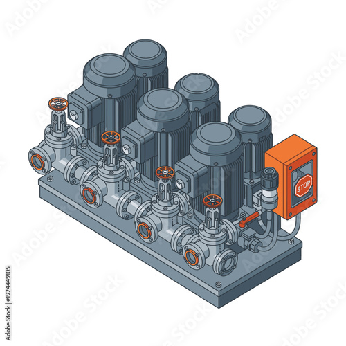 Isometric illustration of industrial pumping system with valves and motors