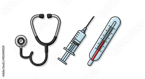 A set of essential medical instruments featuring a stethoscope, a hypodermic syringe, and a clinical thermometer for healthcare.