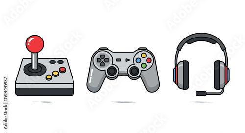 A set of gaming accessories: a retro joystick, a modern game controller, and a headset with a microphone.