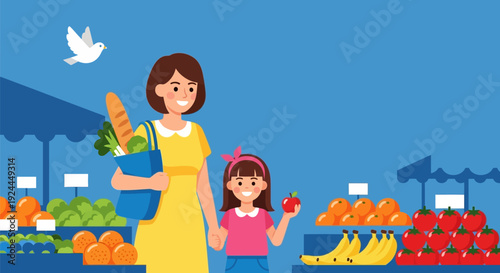Mother and daughter shopping for fresh fruits and vegetables at the market.