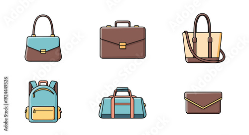 A varied assortment of bags including a handbag, briefcase, tote, backpack, duffel bag, and a small clutch purse.