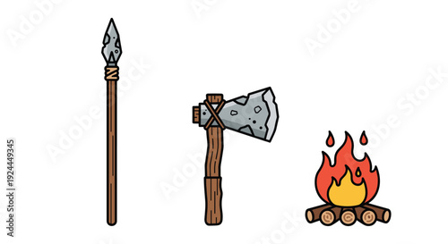 Three ancient tools and a campfire are arranged on a white background, including a spear, an axe, and a burning fire.