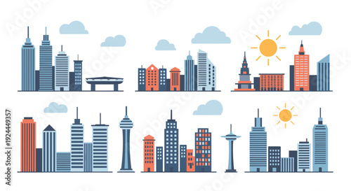 Six distinct cityscape scenes showcasing various modern buildings and skylines, some featuring a sun and clouds.
