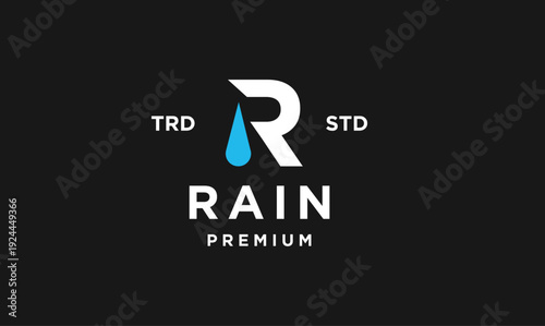 Modern RAIN Premium logo design featuring stylized letter R and a blue water drop graphic