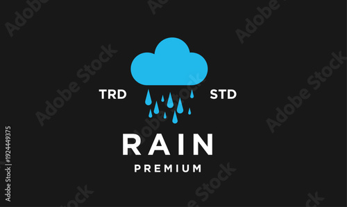 Minimalist Blue Cloud and Raindrops Icon with RAIN PREMIUM Text on Black Background for Weather Service