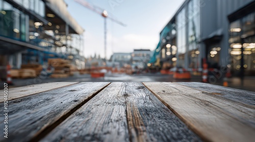 Wallpaper Mural Wooden Table Surface with Construction Site in Background at Daytime Under Blue Skies in Urban Europe Focus on Foreground and Blurred Construction Scene Torontodigital.ca