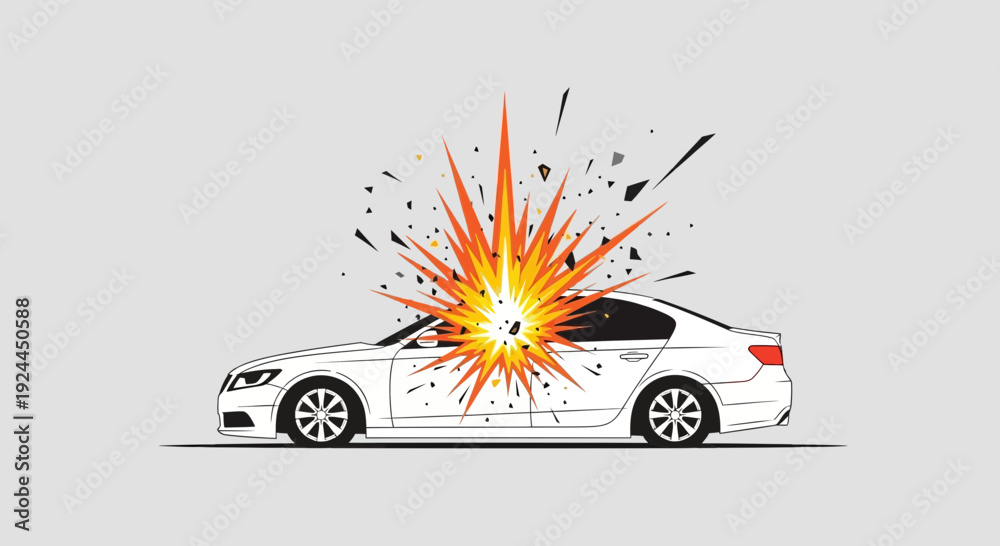 Fototapeta premium Car explosion graphic illustration of impact damage and destruction isolated