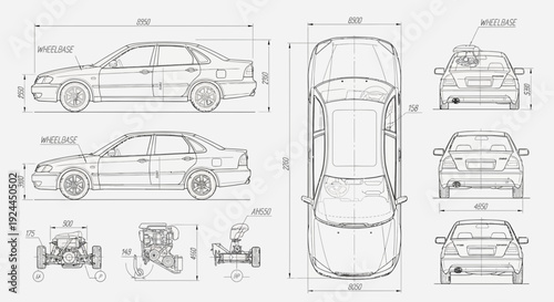 Automotive engineering technical drawings detailing sedan car dimensions and features