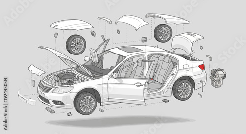 Automotive illustration exploded view of a modern car in detailed diagram