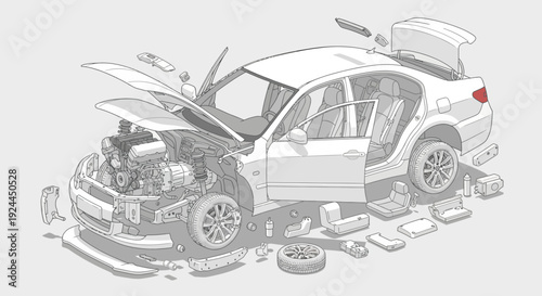 Automotive parts illustration disassembled car showing engine and interior