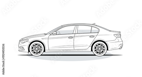 Black and white vector illustration of a sedan car isolated on white background