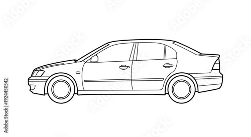 Black and white line drawing of a sedan car on a white background