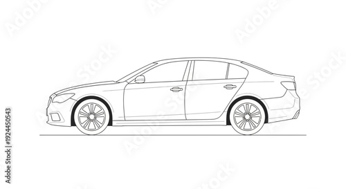 Black and white vector illustration of a modern sedan on white background