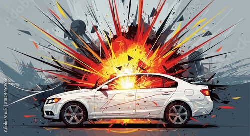 Car explodes in artistic depiction with dynamic elements and vibrant colors