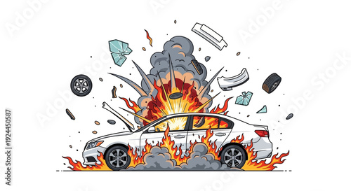Car explodes in fire cartoon illustration concept for graphic design