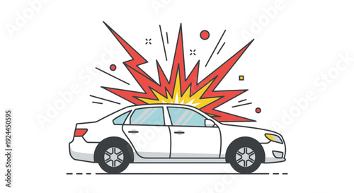 Car explosion illustration in vector style with vibrant colors and bold lines