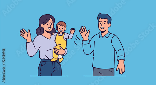 Family members waving at each other with a child in between.