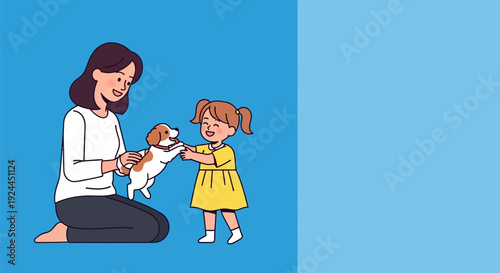 Mother and daughter playing with dog together happily.