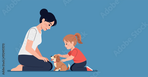 Mother and daughter playing with dog together on the floor.