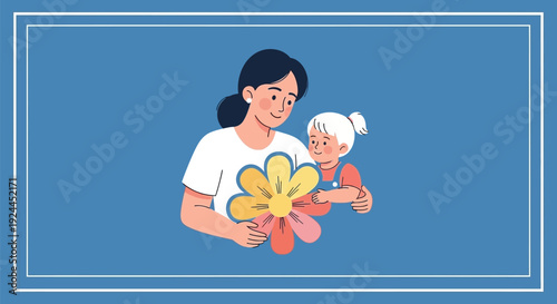 A young woman caring for an elderly person together holding a flower.