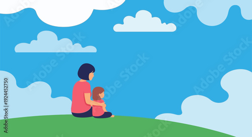 Mother and child sitting together on a green hill under a blue sky with white clouds.
