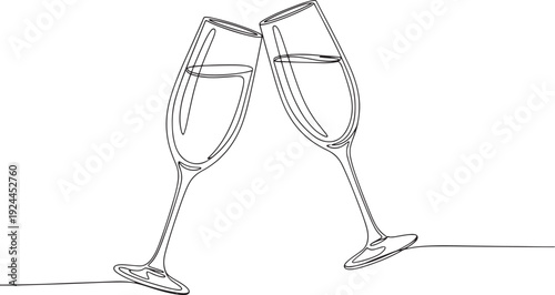 Two champagne glasses clinking in a toast, a minimalist line art celebration of joy and special occasions