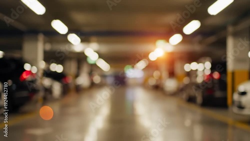 Wallpaper Mural A vibrant, abstract blurred shot captures the essence of an underground parking facility, illuminated by an array of glowing overhead lights and a soft, warm lens flare creating a dynamic bokeh effect Torontodigital.ca