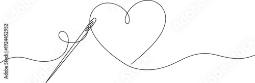 Continuous line drawing of a needle and thread forming a heart shape, symbolizing love and creation