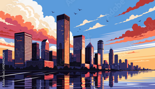 Vibrant City Skyline Reflection at Sunset Over Water with Dramatic Orange Cloudscape and Tall Buildings minneapolis skyline vector