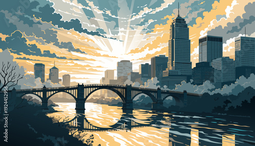 Pixelated Cityscape Sunrise Over River Bridge Architectural Silhouette Reflection Dawn Artistic Rendering minneapolis skyline vector