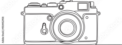 Vintage camera illustration in a minimalist line art style, showcasing classic photography equipment and design