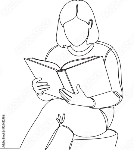 Minimalist continuous line drawing of a person quietly absorbed in reading a book, conveying the peace of knowledge acquisition and the simple joy of stories