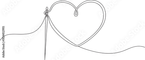 Single continuous line drawing of a sewing needle with thread forming an elegant heart, symbolizing love, connection, and the art of creation. A minimalist design for crafted affection