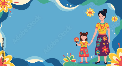 Mother and daughter walking together in a floral landscape.