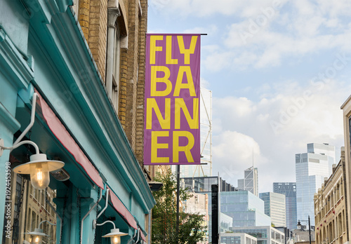 Real photo of Fly banner in London. PSD mockup.