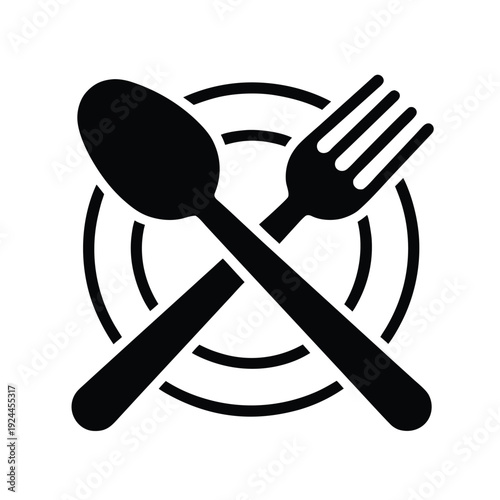 Crossed spoon and fork over a plate in black and white on a white background d