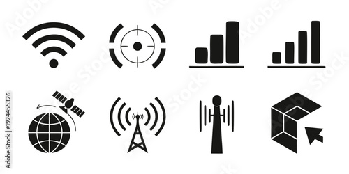 Eight black and white illustrating communication and technology concepts on a white background (11